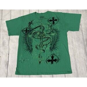 MMA Elite Shirt mens Large Green Cross Serpent Cyber Grunge Punk Y2K Style